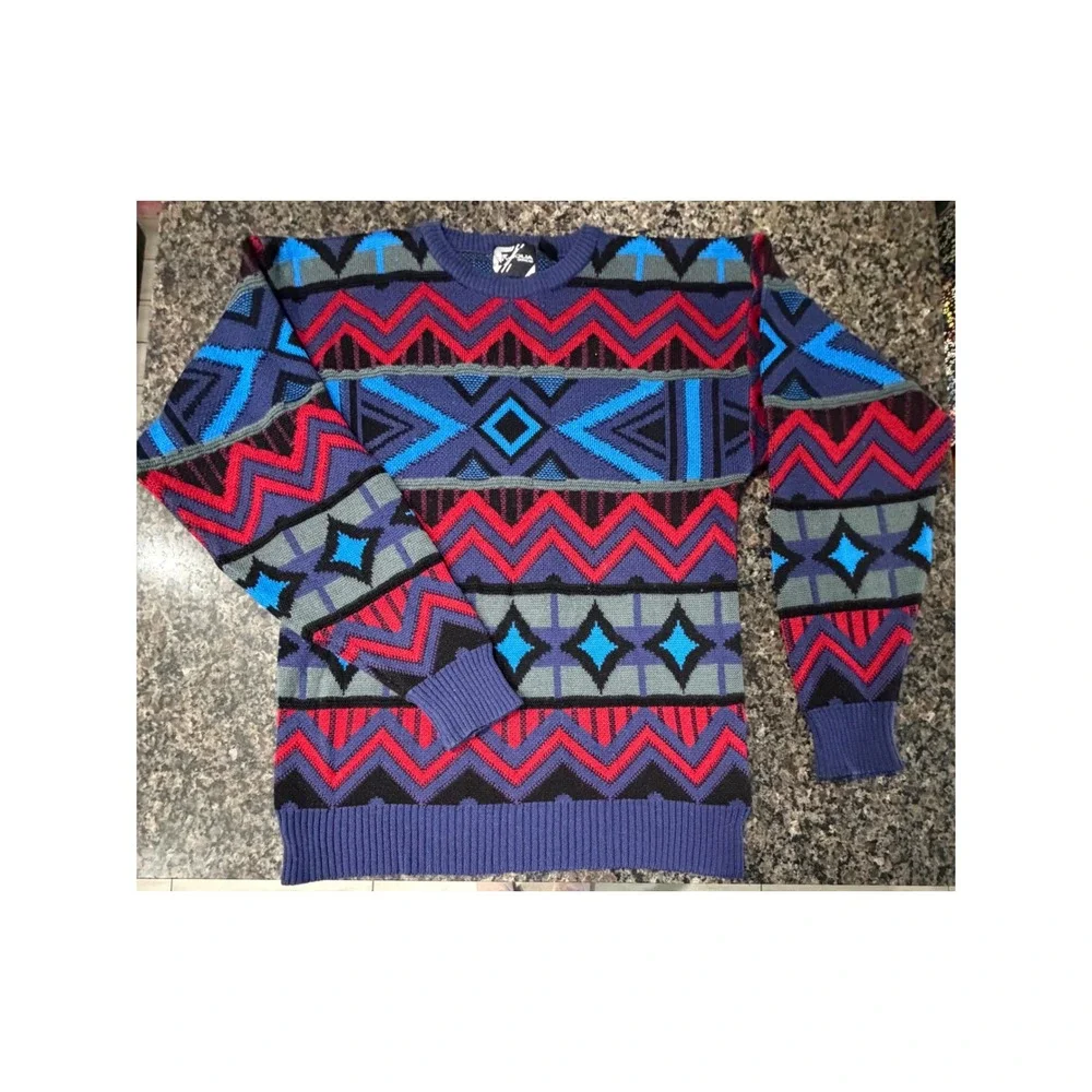 Vintage Tyrolia Skiwear Wool Blend Geometric Chevron Sweater Purple Blue Red L
